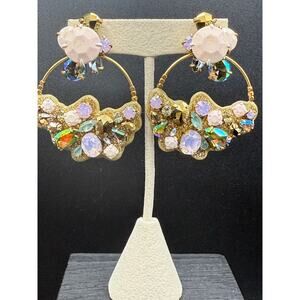 J Crew Leather Backed Pink and AB Stone Statement Earrings